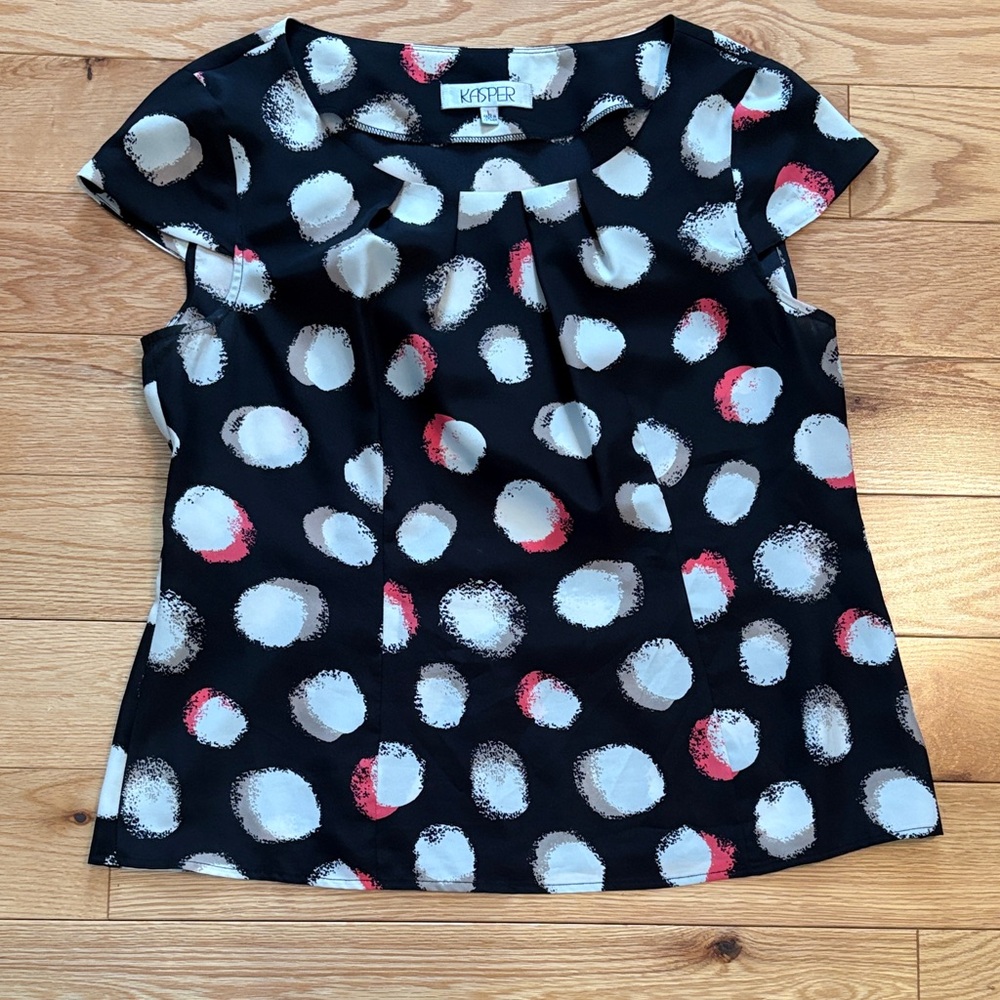 Kasper Black Blouse with White and Red Dots